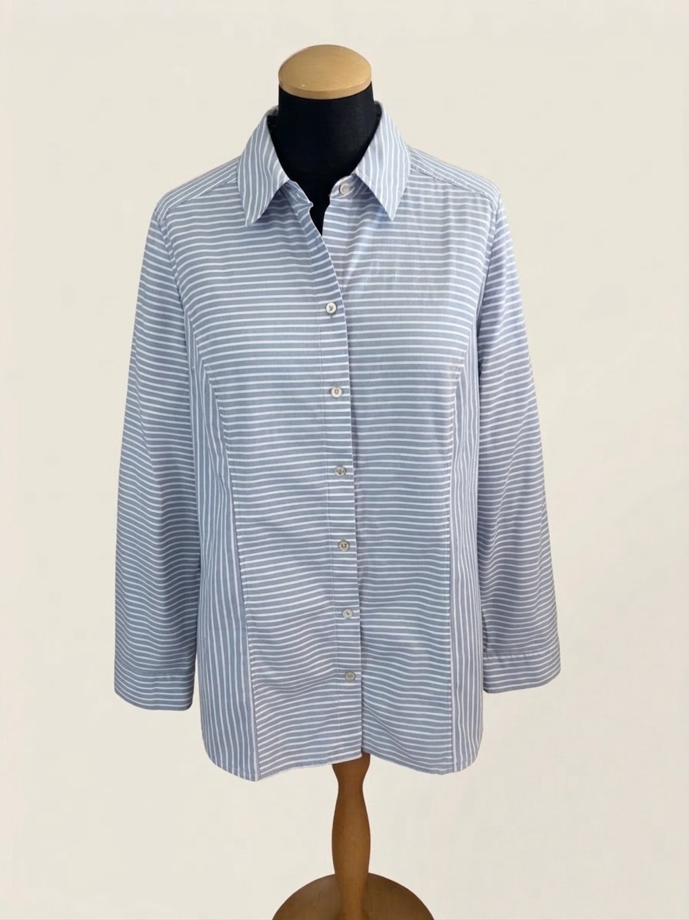 Chico’s Blue & White Striped Cotton Button Down Shirt Roll Tab Sleeve Size 1 M/8